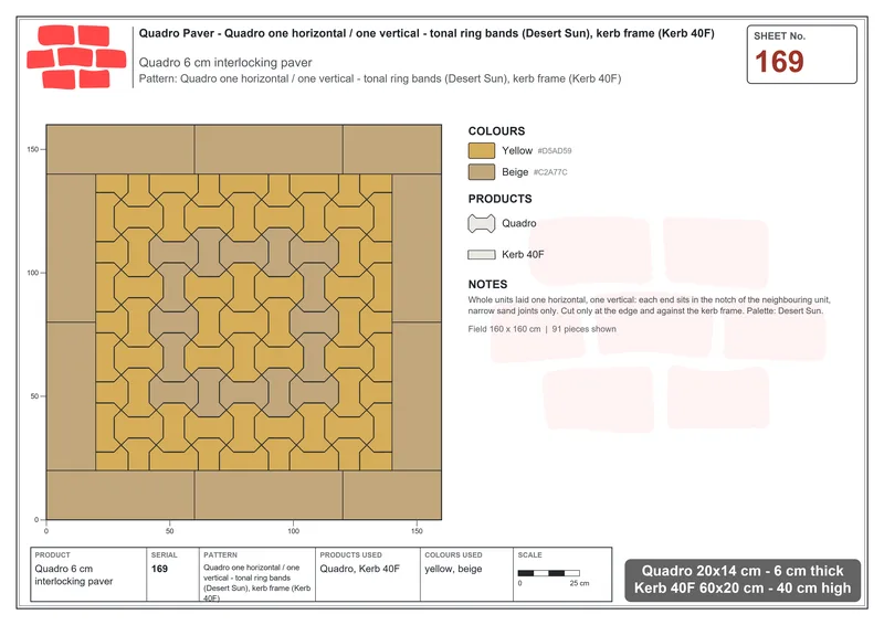 Interlock (Pasco) 20x14 cm · QUA-169 · Quadro one horizontal / one vertical - tonal ring bands (Desert Sun), kerb frame (Kerb 40F) · Laying plan