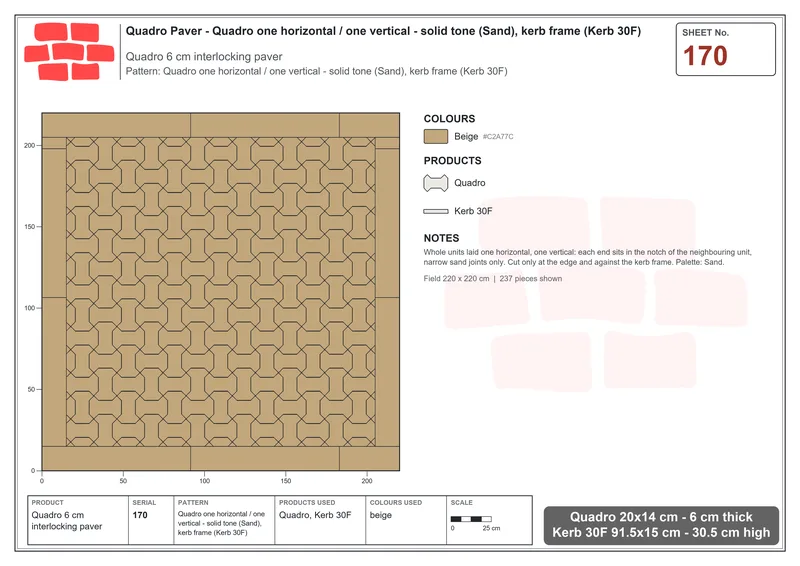 Interlock (Pasco) 20x14 cm · QUA-170 · Quadro one horizontal / one vertical - solid tone (Sand), kerb frame (Kerb 30F) · Laying plan