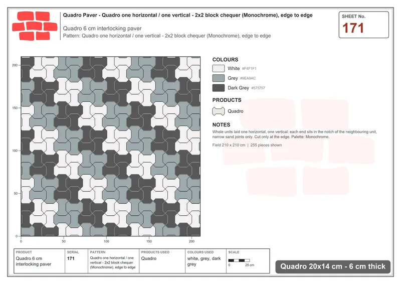 Interlock (Pasco) 20x14 cm · QUA-171 · Quadro one horizontal / one vertical - 2x2 block chequer (Monochrome), edge to edge · Laying plan