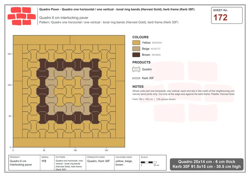 Interlock (Pasco) 20x14 cm · QUA-172 · Quadro one horizontal / one vertical - tonal ring bands (Harvest Gold), kerb frame (Kerb 30F) · Laying plan