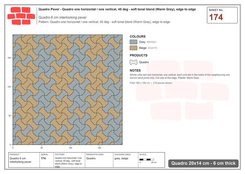 Interlock (Pasco) 20x14 cm · QUA-174 · Quadro one horizontal / one vertical, 45 deg - soft tonal blend (Warm Grey), edge to edge · Laying plan