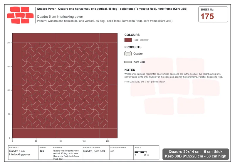 Interlock (Pasco) 20x14 cm · QUA-175 · Quadro one horizontal / one vertical, 45 deg - solid tone (Terracotta Red), kerb frame (Kerb 38B) · Laying plan