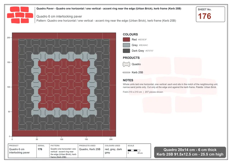 Interlock (Pasco) 20x14 cm · QUA-176 · Quadro one horizontal / one vertical - accent ring near the edge (Urban Brick), kerb frame (Kerb 25B) · Laying plan