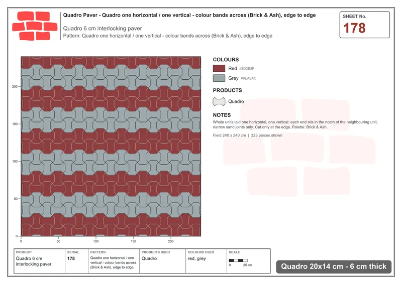 Interlock (Pasco) 20x14 cm · QUA-178 · Quadro one horizontal / one vertical - colour bands across (Brick & Ash), edge to edge · Laying plan
