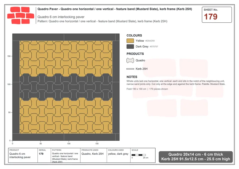 Interlock (Pasco) 20x14 cm · QUA-179 · Quadro one horizontal / one vertical - feature band (Mustard Slate), kerb frame (Kerb 25H) · Laying plan