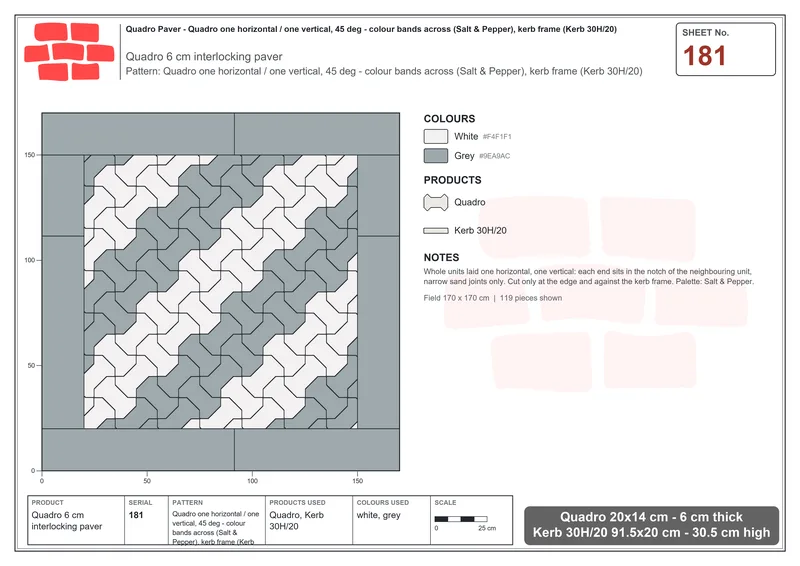 Interlock (Pasco) 20x14 cm · QUA-181 · Quadro one horizontal / one vertical, 45 deg - colour bands across (Salt & Pepper), kerb frame (Kerb 30H/20) · Laying plan