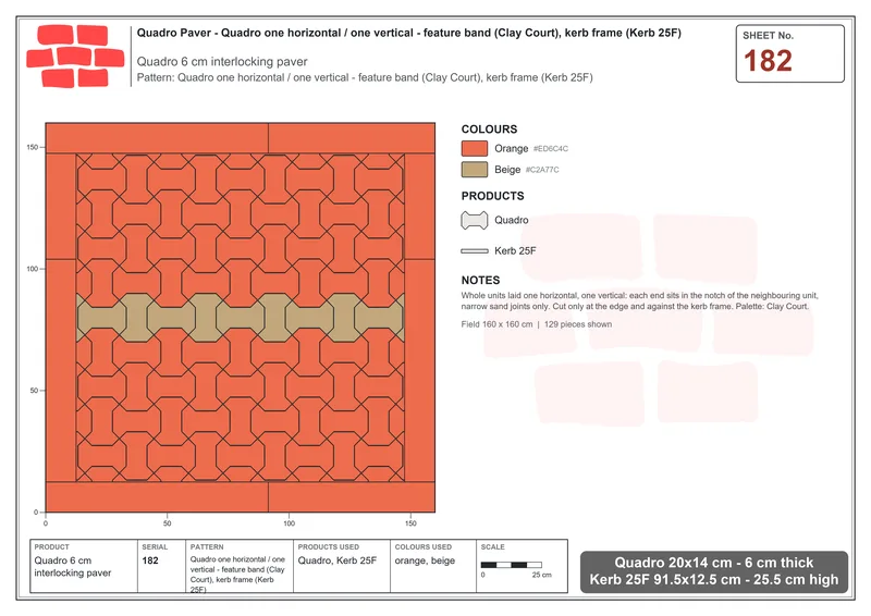 Interlock (Pasco) 20x14 cm · QUA-182 · Quadro one horizontal / one vertical - feature band (Clay Court), kerb frame (Kerb 25F) · Laying plan