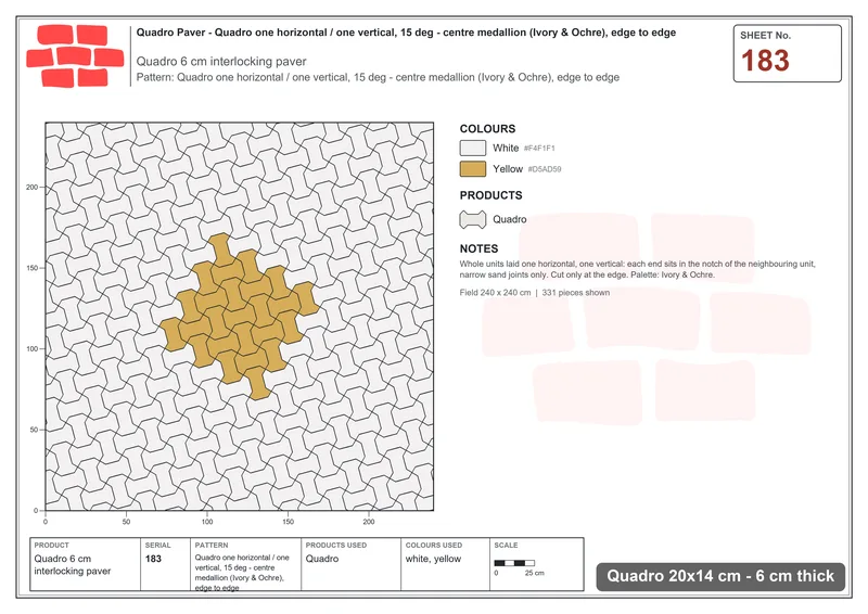 Interlock (Pasco) 20x14 cm · QUA-183 · Quadro one horizontal / one vertical, 15 deg - centre medallion (Ivory & Ochre), edge to edge · Laying plan
