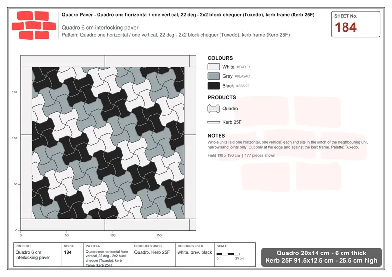 Interlock (Pasco) 20x14 cm · QUA-184 · Quadro one horizontal / one vertical, 22 deg - 2x2 block chequer (Tuxedo), kerb frame (Kerb 25F) · Laying plan