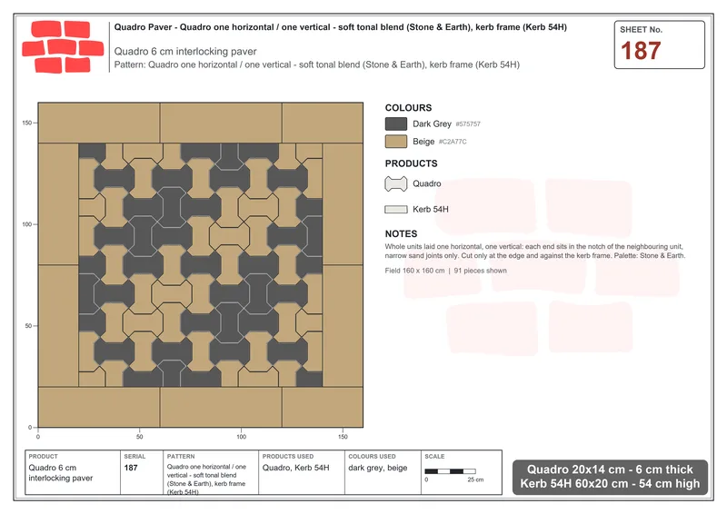 Interlock (Pasco) 20x14 cm · QUA-187 · Quadro one horizontal / one vertical - soft tonal blend (Stone & Earth), kerb frame (Kerb 54H) · Laying plan