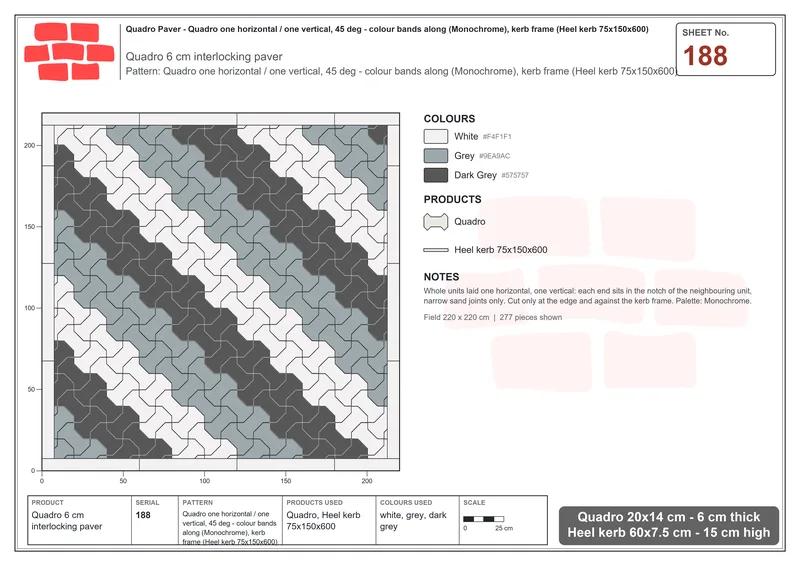 Interlock (Pasco) 20x14 cm · QUA-188 · Quadro one horizontal / one vertical, 45 deg - colour bands along (Monochrome), kerb frame (Heel kerb 75x150x600) · Laying plan