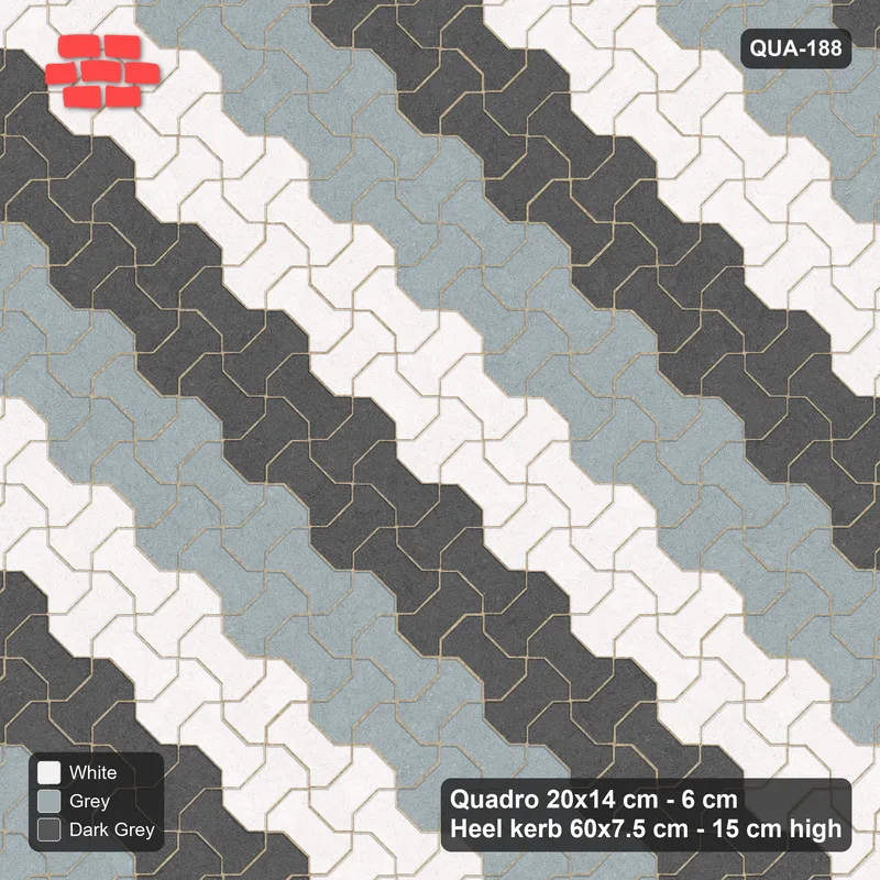 Interlock (Pasco) 20x14 cm · QUA-188 · Quadro one horizontal / one vertical, 45 deg - colour bands along (Monochrome), kerb frame (Heel kerb 75x150x600) · Top view Interlock (Pasco) 20x14 cm · QUA-188 · Quadro one horizontal / one vertical, 45 deg - colour bands along (Monochrome), kerb frame (Heel kerb 75x150x600) · Top view