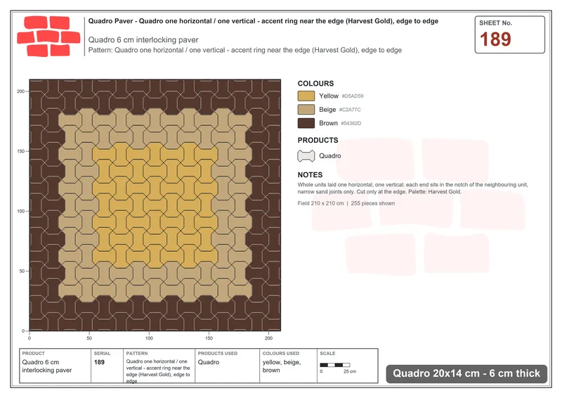 Interlock (Pasco) 20x14 cm · QUA-189 · Quadro one horizontal / one vertical - accent ring near the edge (Harvest Gold), edge to edge · Laying plan