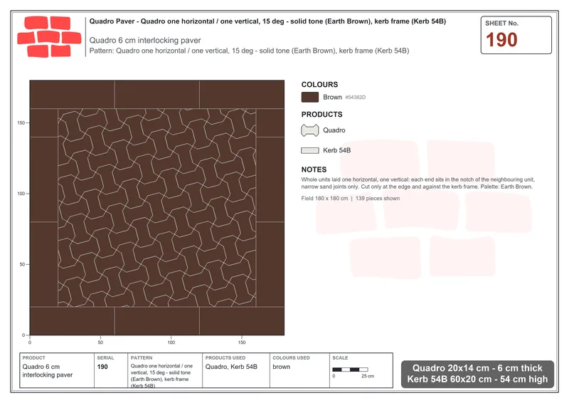 Interlock (Pasco) 20x14 cm · QUA-190 · Quadro one horizontal / one vertical, 15 deg - solid tone (Earth Brown), kerb frame (Kerb 54B) · Laying plan