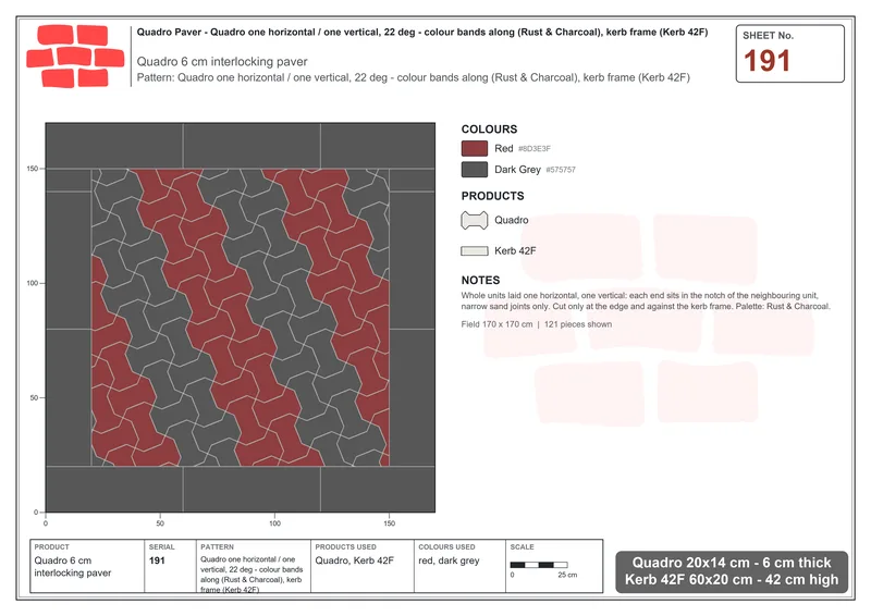 Interlock (Pasco) 20x14 cm · QUA-191 · Quadro one horizontal / one vertical, 22 deg - colour bands along (Rust & Charcoal), kerb frame (Kerb 42F) · Laying plan
