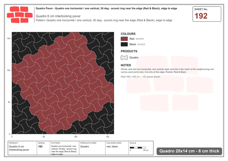 Interlock (Pasco) 20x14 cm · QUA-192 · Quadro one horizontal / one vertical, 30 deg - accent ring near the edge (Red & Black), edge to edge · Laying plan