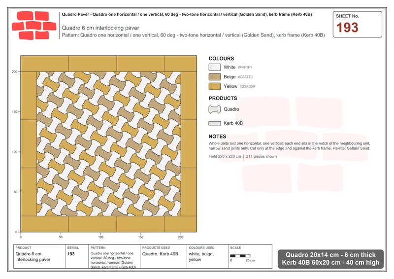 Interlock (Pasco) 20x14 cm · QUA-193 · Quadro one horizontal / one vertical, 60 deg - two-tone horizontal / vertical (Golden Sand), kerb frame (Kerb 40B) · Laying plan