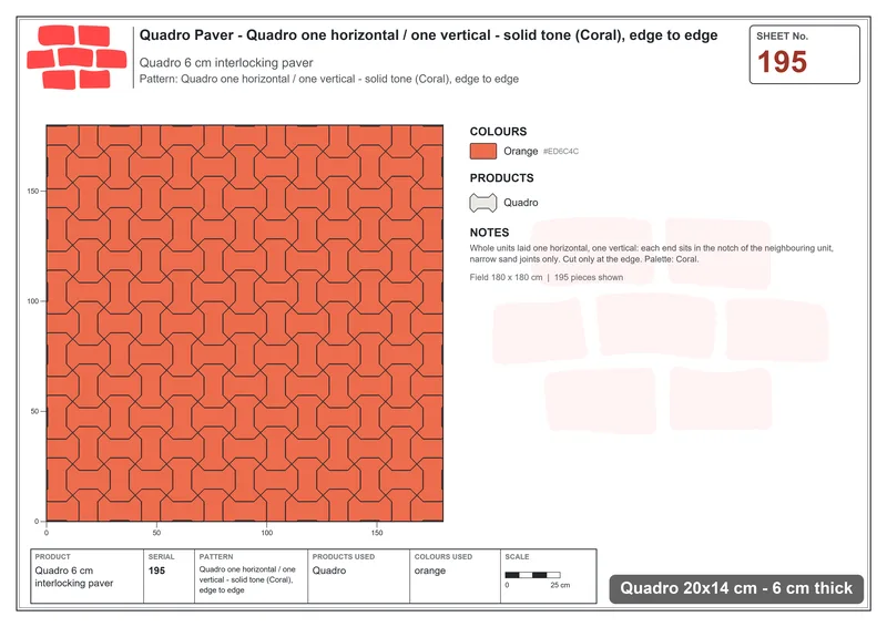 Interlock (Pasco) 20x14 cm · QUA-195 · Quadro one horizontal / one vertical - solid tone (Coral), edge to edge · Laying plan