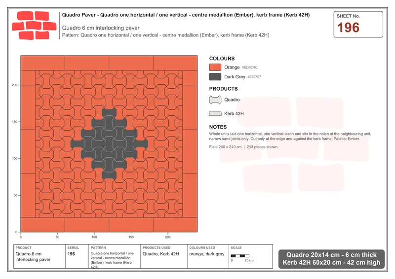 Interlock (Pasco) 20x14 cm · QUA-196 · Quadro one horizontal / one vertical - centre medallion (Ember), kerb frame (Kerb 42H) · Laying plan