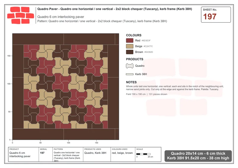 Interlock (Pasco) 20x14 cm · QUA-197 · Quadro one horizontal / one vertical - 2x2 block chequer (Tuscany), kerb frame (Kerb 38H) · Laying plan