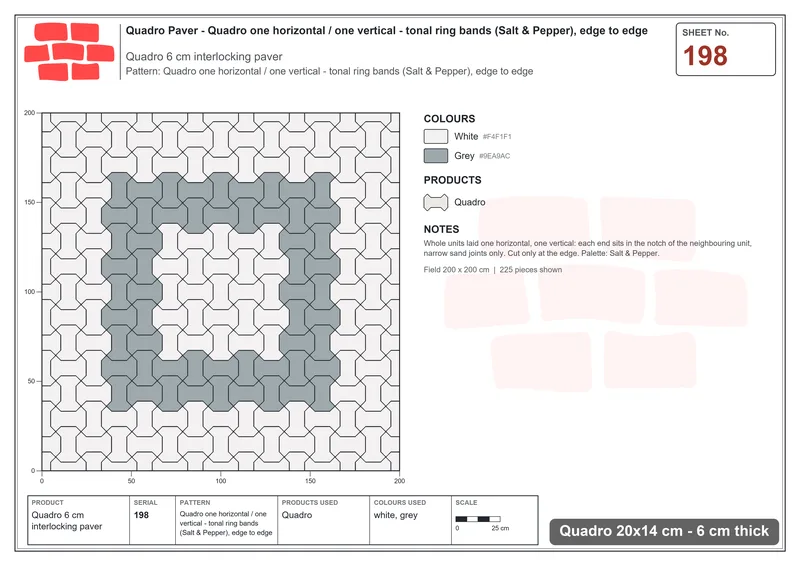 Interlock (Pasco) 20x14 cm · QUA-198 · Quadro one horizontal / one vertical - tonal ring bands (Salt & Pepper), edge to edge · Laying plan