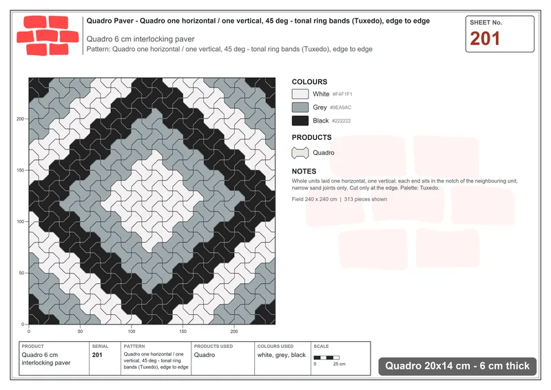 Interlock (Pasco) 20x14 cm · QUA-201 · Quadro one horizontal / one vertical, 45 deg - tonal ring bands (Tuxedo), edge to edge · Laying plan