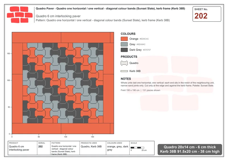Interlock (Pasco) 20x14 cm · QUA-202 · Quadro one horizontal / one vertical - diagonal colour bands (Sunset Slate), kerb frame (Kerb 38B) · Laying plan