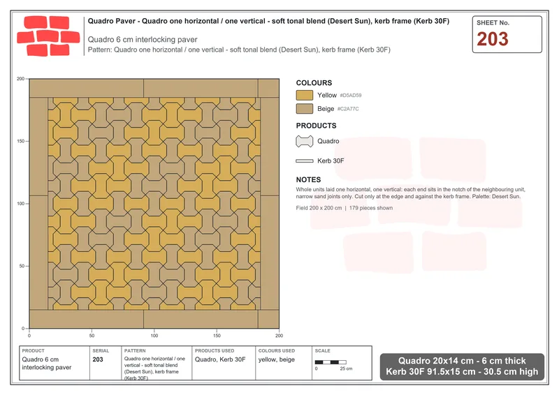Interlock (Pasco) 20x14 cm · QUA-203 · Quadro one horizontal / one vertical - soft tonal blend (Desert Sun), kerb frame (Kerb 30F) · Laying plan