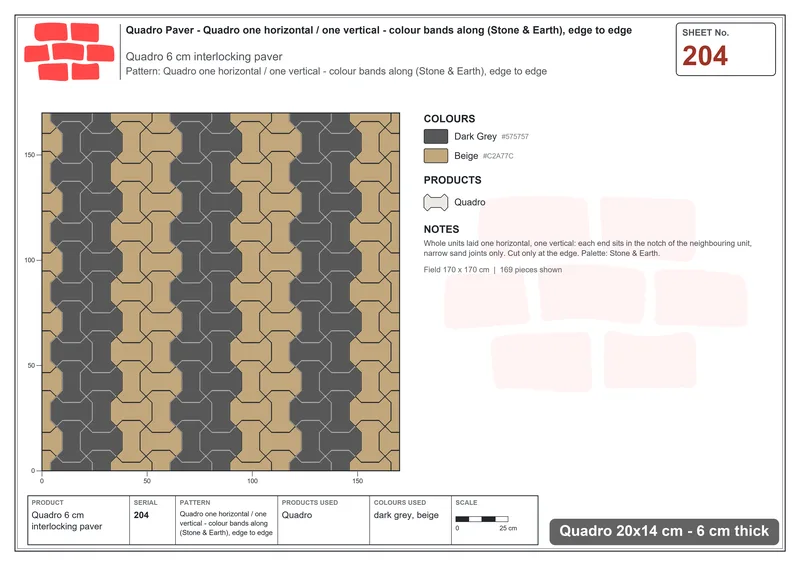 Interlock (Pasco) 20x14 cm · QUA-204 · Quadro one horizontal / one vertical - colour bands along (Stone & Earth), edge to edge · Laying plan