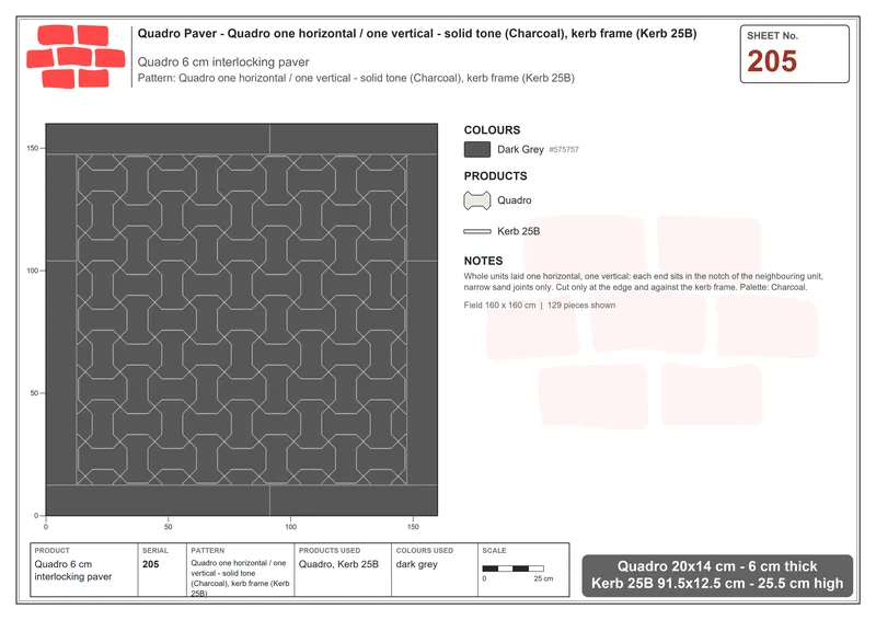 Interlock (Pasco) 20x14 cm · QUA-205 · Quadro one horizontal / one vertical - solid tone (Charcoal), kerb frame (Kerb 25B) · Laying plan
