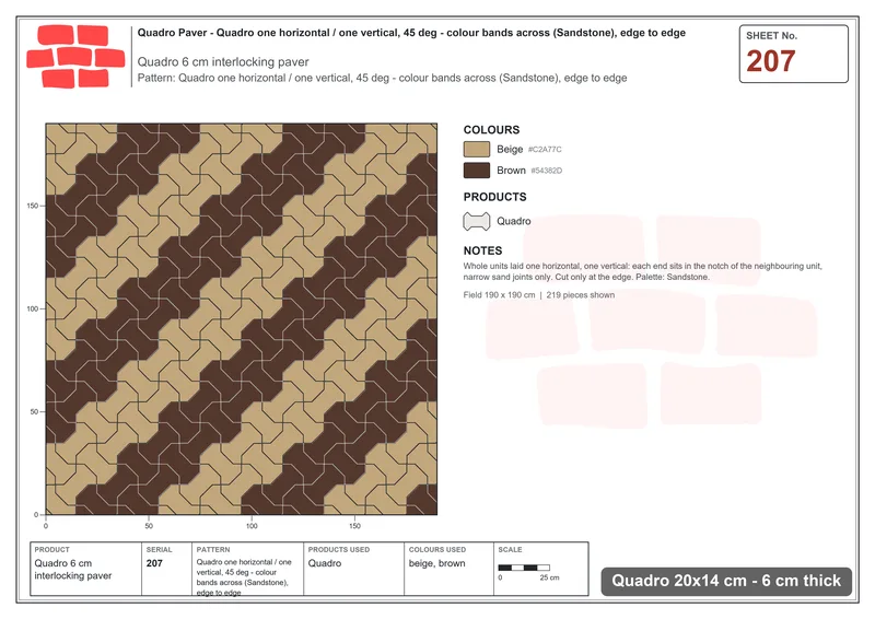 Interlock (Pasco) 20x14 cm · QUA-207 · Quadro one horizontal / one vertical, 45 deg - colour bands across (Sandstone), edge to edge · Laying plan