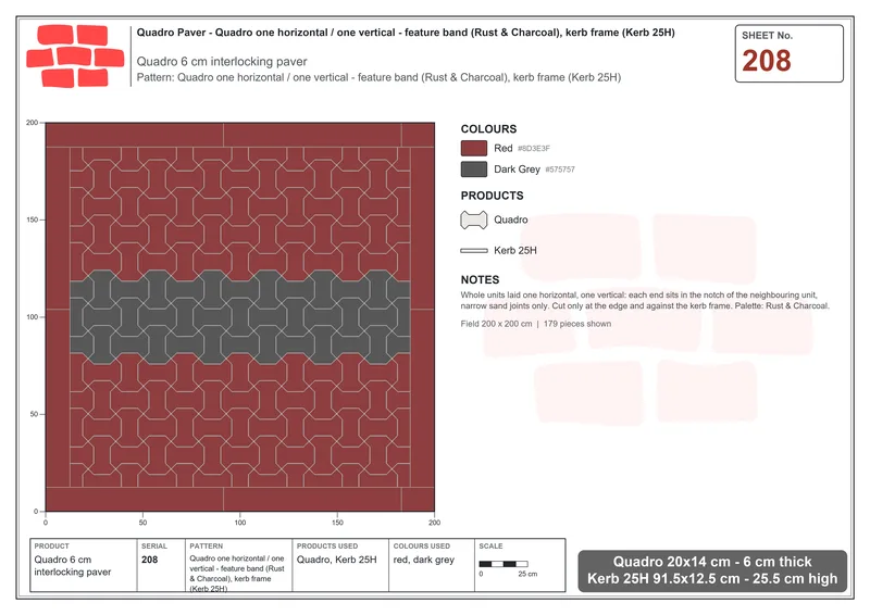 Interlock (Pasco) 20x14 cm · QUA-208 · Quadro one horizontal / one vertical - feature band (Rust & Charcoal), kerb frame (Kerb 25H) · Laying plan