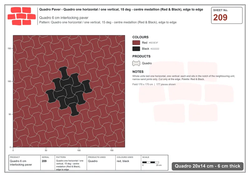 Interlock (Pasco) 20x14 cm · QUA-209 · Quadro one horizontal / one vertical, 15 deg - centre medallion (Red & Black), edge to edge · Laying plan