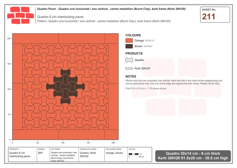 Interlock (Pasco) 20x14 cm · QUA-211 · Quadro one horizontal / one vertical - centre medallion (Burnt Clay), kerb frame (Kerb 30H/20) · Laying plan