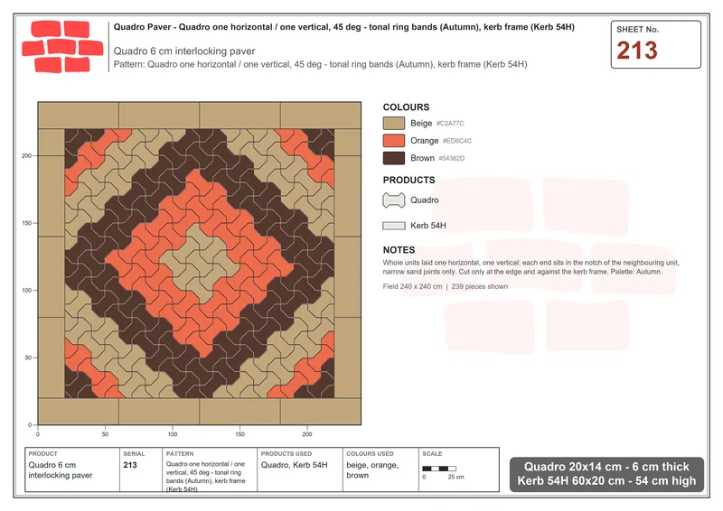 Interlock (Pasco) 20x14 cm · QUA-213 · Quadro one horizontal / one vertical, 45 deg - tonal ring bands (Autumn), kerb frame (Kerb 54H) · Laying plan