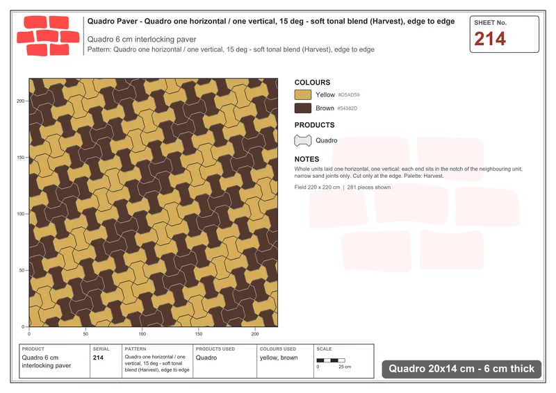 Interlock (Pasco) 20x14 cm · QUA-214 · Quadro one horizontal / one vertical, 15 deg - soft tonal blend (Harvest), edge to edge · Laying plan