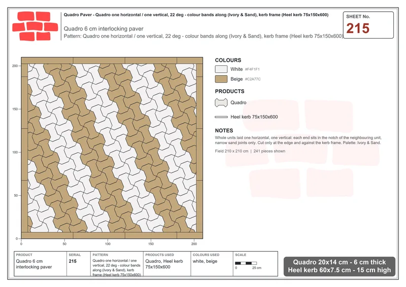 Interlock (Pasco) 20x14 cm · QUA-215 · Quadro one horizontal / one vertical, 22 deg - colour bands along (Ivory & Sand), kerb frame (Heel kerb 75x150x600) · Laying plan
