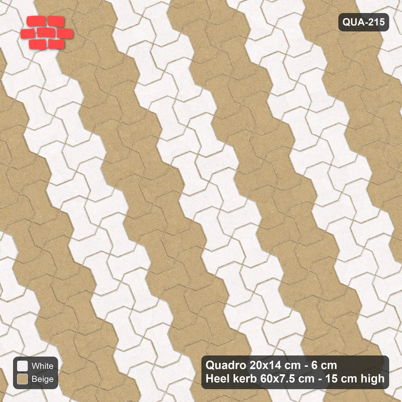 Interlock (Pasco) 20x14 cm · QUA-215 · Quadro one horizontal / one vertical, 22 deg - colour bands along (Ivory & Sand), kerb frame (Heel kerb 75x150x600) · Top view Interlock (Pasco) 20x14 cm · QUA-215 · Quadro one horizontal / one vertical, 22 deg - colour bands along (Ivory & Sand), kerb frame (Heel kerb 75x150x600) · Top view