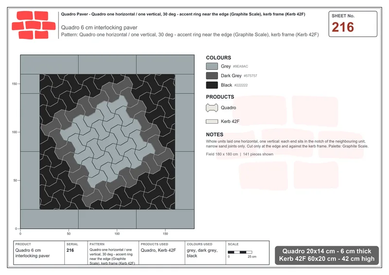 Interlock (Pasco) 20x14 cm · QUA-216 · Quadro one horizontal / one vertical, 30 deg - accent ring near the edge (Graphite Scale), kerb frame (Kerb 42F) · Laying plan