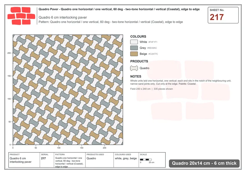 Interlock (Pasco) 20x14 cm · QUA-217 · Quadro one horizontal / one vertical, 60 deg - two-tone horizontal / vertical (Coastal), edge to edge · Laying plan