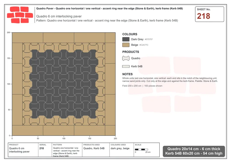 Interlock (Pasco) 20x14 cm · QUA-218 · Quadro one horizontal / one vertical - accent ring near the edge (Stone & Earth), kerb frame (Kerb 54B) · Laying plan
