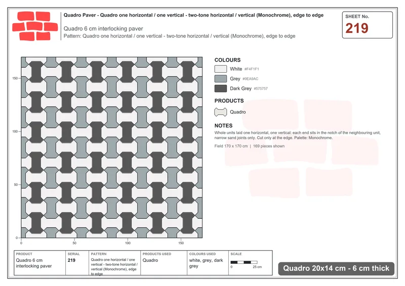 Interlock (Pasco) 20x14 cm · QUA-219 · Quadro one horizontal / one vertical - two-tone horizontal / vertical (Monochrome), edge to edge · Laying plan