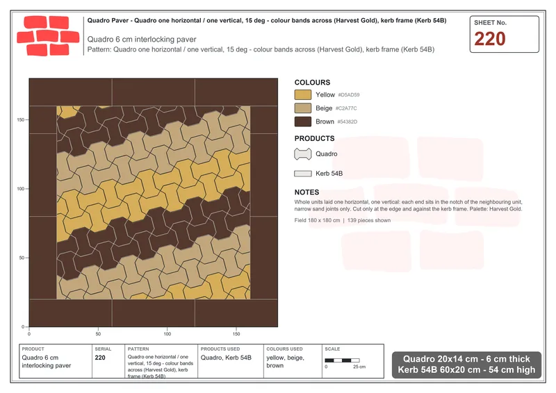 Interlock (Pasco) 20x14 cm · QUA-220 · Quadro one horizontal / one vertical, 15 deg - colour bands across (Harvest Gold), kerb frame (Kerb 54B) · Laying plan