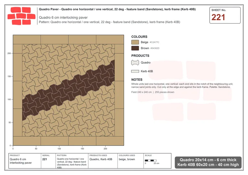 Interlock (Pasco) 20x14 cm · QUA-221 · Quadro one horizontal / one vertical, 22 deg - feature band (Sandstone), kerb frame (Kerb 40B) · Laying plan