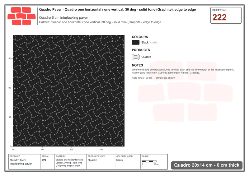 Interlock (Pasco) 20x14 cm · QUA-222 · Quadro one horizontal / one vertical, 30 deg - solid tone (Graphite), edge to edge · Laying plan