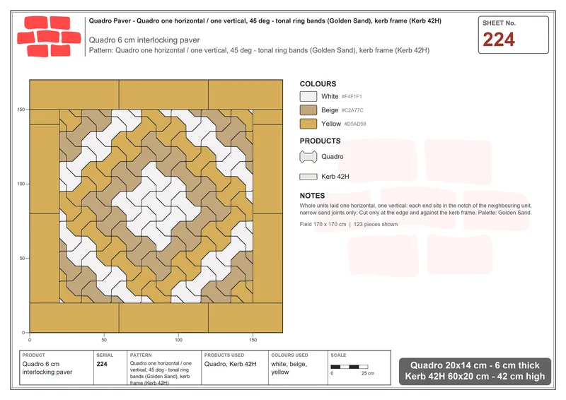 Interlock (Pasco) 20x14 cm · QUA-224 · Quadro one horizontal / one vertical, 45 deg - tonal ring bands (Golden Sand), kerb frame (Kerb 42H) · Laying plan