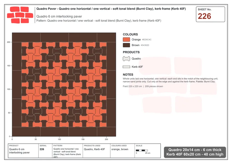 Interlock (Pasco) 20x14 cm · QUA-226 · Quadro one horizontal / one vertical - soft tonal blend (Burnt Clay), kerb frame (Kerb 40F) · Laying plan