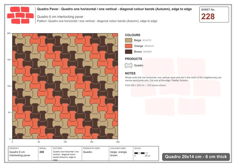 Interlock (Pasco) 20x14 cm · QUA-228 · Quadro one horizontal / one vertical - diagonal colour bands (Autumn), edge to edge · Laying plan