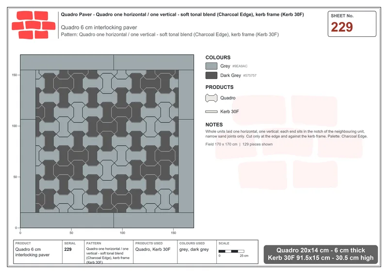 Interlock (Pasco) 20x14 cm · QUA-229 · Quadro one horizontal / one vertical - soft tonal blend (Charcoal Edge), kerb frame (Kerb 30F) · Laying plan