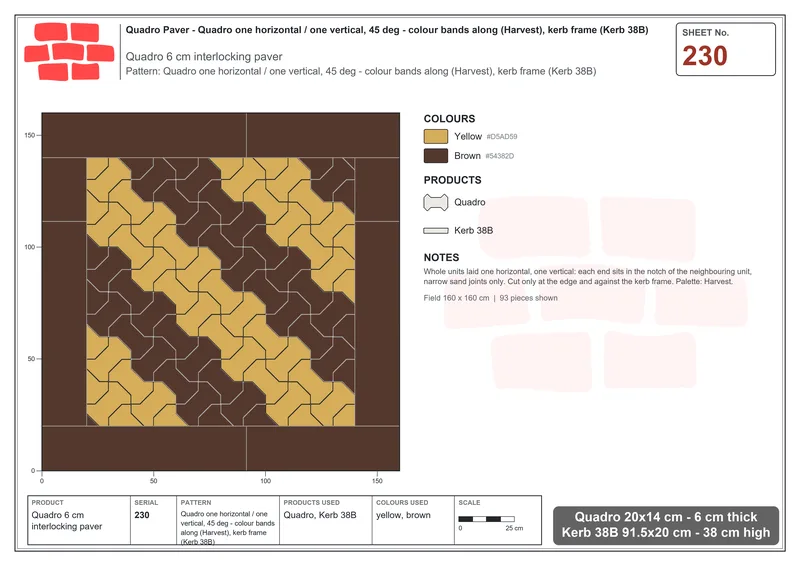 Interlock (Pasco) 20x14 cm · QUA-230 · Quadro one horizontal / one vertical, 45 deg - colour bands along (Harvest), kerb frame (Kerb 38B) · Laying plan